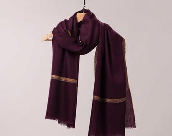 Plum Handwoven Pashmina Shawl with Detailed Hand Embroidery