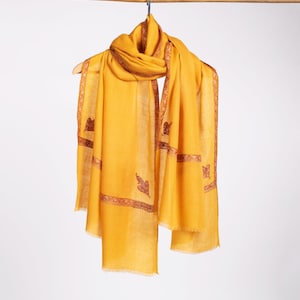 Golden Yellow Hasia Cashmere Scarf | Hand Needlework Pashmina Wrap | Soft Embroidered Wool Scarf | Luxurious Handmade Gift for Her