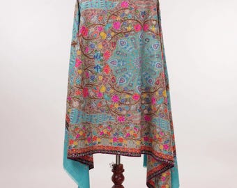 Lightweight Blue Pashmina Shawl with Kalamkari Hand Embroidery