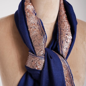 Navy Blue Pashmina Shawl with Copper Tilla Work – Handwoven Kashmiri Wrap | Luxury Indian Scarf | Elegant Evening Shawl