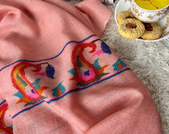 Pink Ideas, Chal de cachemira con tejido Kani, Bufanda de pashmina, Kani tejido a mano, Regalos especiales, Negocio social, 28x80" - PORTREE