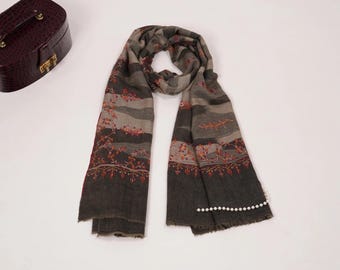 Handwoven Ikat Handmade Pashmina Shawl with Hand Embroidery
