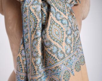 Cream Sozni Jamavar Hand Embroidered Kashmiri Pashmina Shawl Decent Scarf