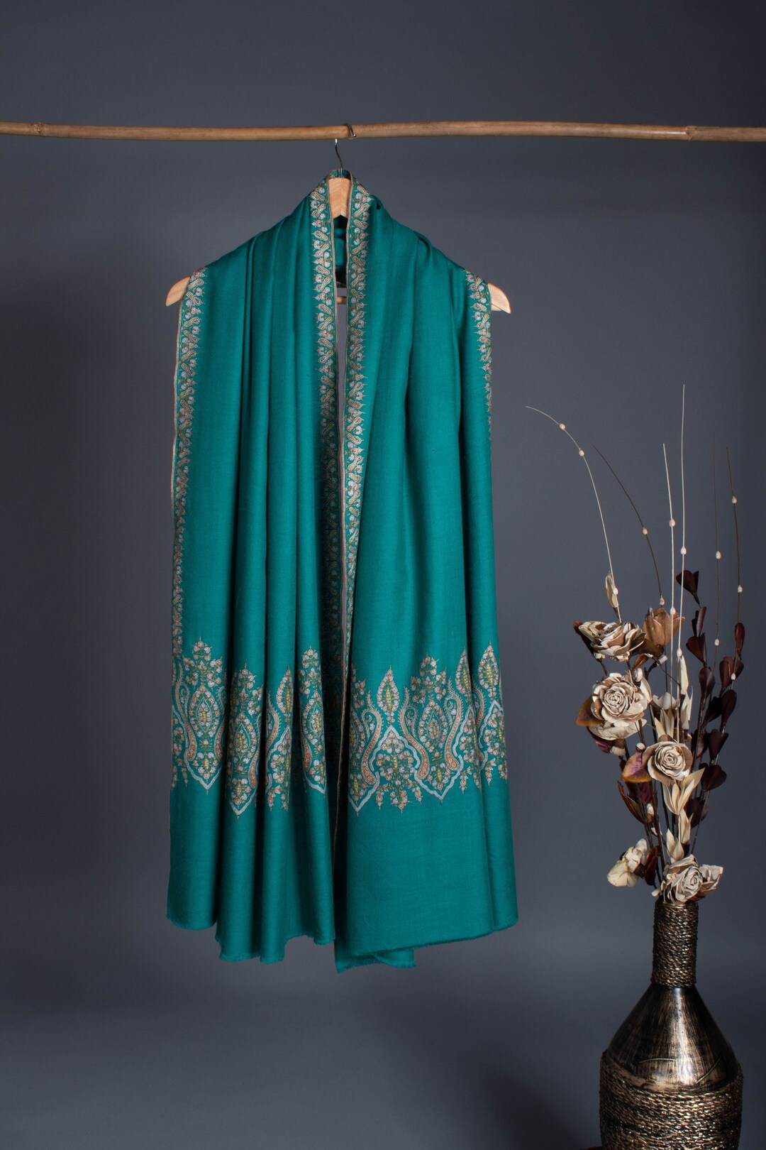 Turquoise Cashmere Pashmina Shawls, Needle Embroidery, Soft Scarves, Handmade Gifts, Gifts for