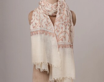 White Boiled Wool Shawl with Jali Hand Embroidery