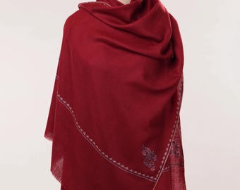 Wine Red Handwoven Pashmina Scarf with Minimalist Hand Embroidery