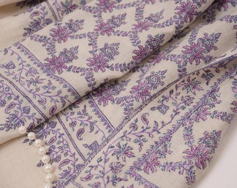 Off  White Silk Embroidered Pure Pashmina Neem Jamavar Shawl