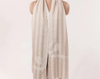 Natural White Taupe Kashmiri Handwoven Soft Pashmina Shawl with Hashia Embroidery