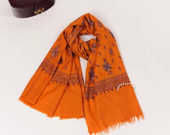 Orange Pashmina Shawl with Classic Hand Sozni Embroidery