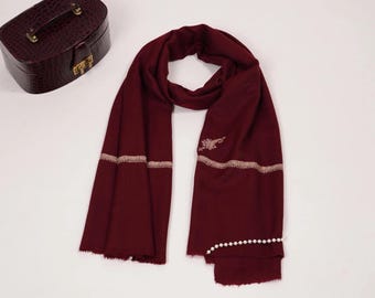 Handmade Burgundy Pashmina Shawl with Baildar Hand Embroidery