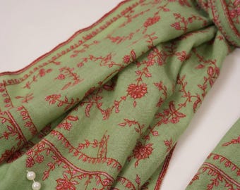 Sage Green Hand Embroidered Soft Pashmina Scarf