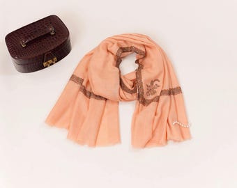 Peach Handwoven Kashmiri Pashmina Shawl with Hand Sozni Embroidery
