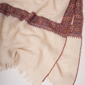 Handspun Handloomed Ivory Pashmina Shawl | Neem Daur Embroidered Cashmere Wrap | Elegant Lightweight Scarf | Handmade Luxury Gift for Women