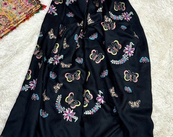 Exquisite Jet Black Pashmina  Intricately Embroidered Butterfly and Flowers Motif for Timeless Elegance, 40x80" - FAIRFIELD
