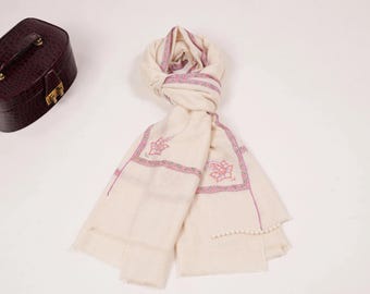 Natural White Pashmina Shawl with Baildar Fine Embroidery