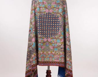 Navy Blue Hand Painted Kalamkari Pure Pashmina Shawl