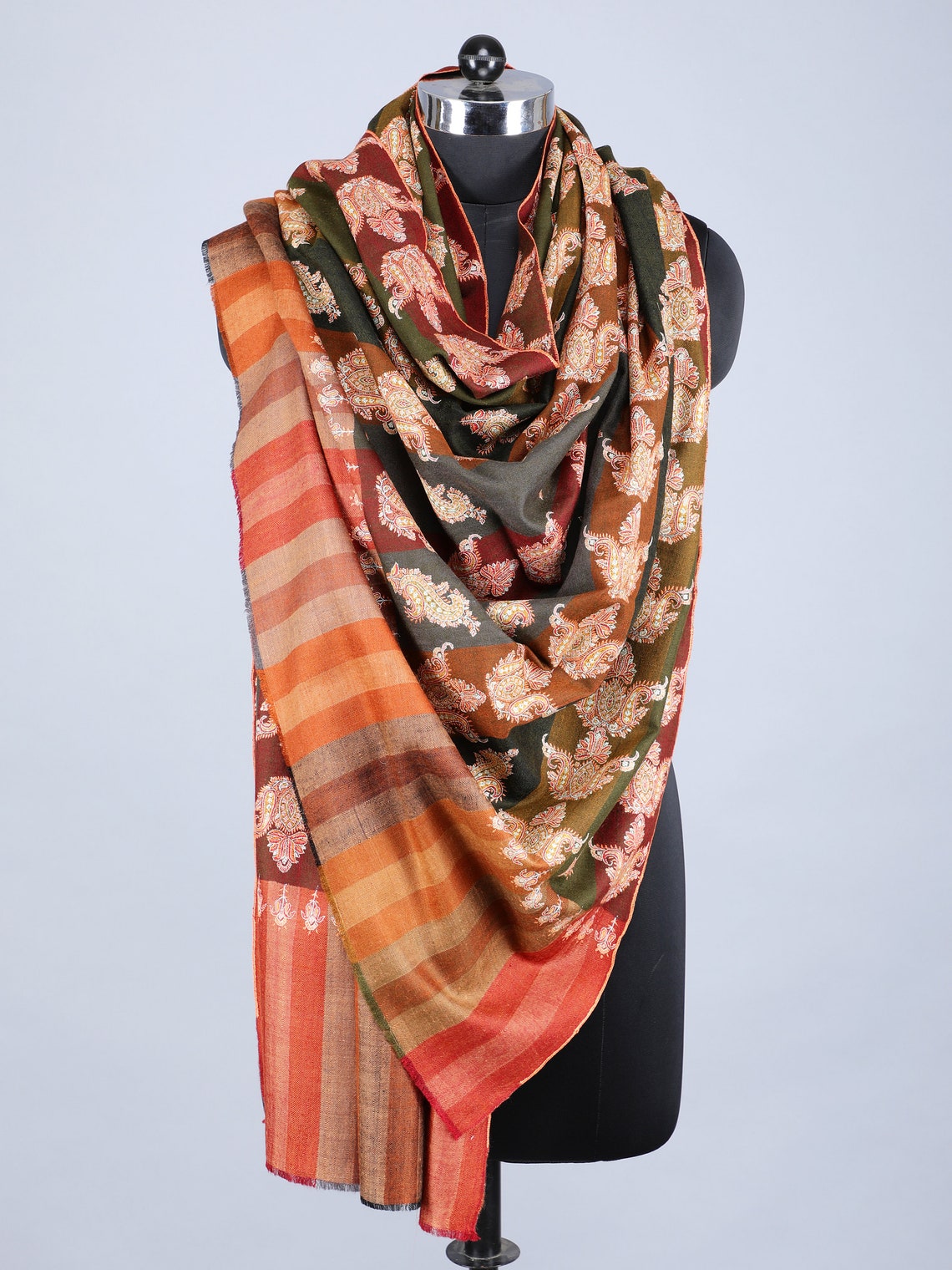 Kashmiri Pashmina Shawl Stripes & Hand Embroided image 2
