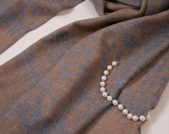 Natural Taupe Pashmina Scarf with Blue Jali Hand Embroidery