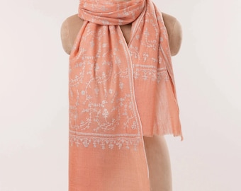 Soft Peach Featherlight Pashmina Scarf with Needlework Jali Embroidery