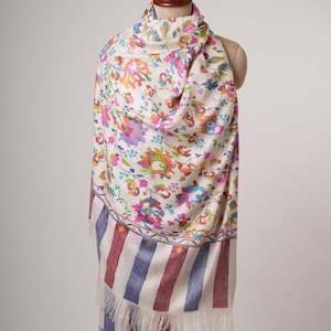 Ivory Kani Pashmina Shawl | Handloomed Floral Cashmere Wrap | Soft Lightweight Wool Shawl | Elegant Winter Stole | Kashmir Handmade Scarf