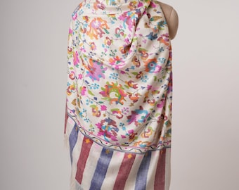 Chal de pashmina Kani color marfil / Chal de cachemira floral tejido a mano / Chal de lana suave y ligero / Estola elegante de invierno / Bufanda de Cachemira hecha a mano
