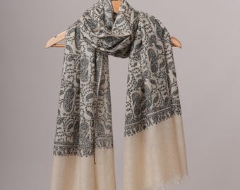 Natural White Cashmere Scarf with All-Over Black Hand Embroidery