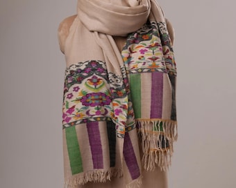 Chal de pashmina Kani tejido a mano de color blanco roto de gran tamaño