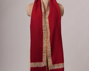 Red Neemdaur Hand Embroidered Pure Wool Soft Shawl