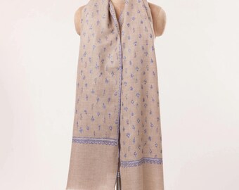 Natural Taupe Handwoven Pashmina Shawl with Kashmiri Hand Sozni Buteh Embroidery