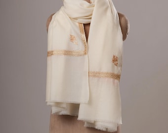 White Fine Wool Gold Tilla Embroidered Hashia Shawl