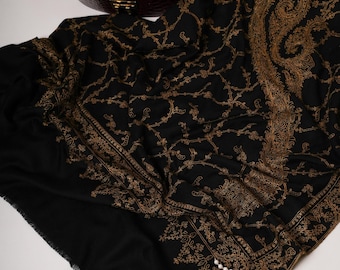 Black Big Paisley Embroidered Oversized Pure Pashmina Shawl