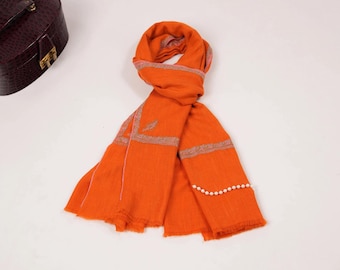 Orange Pure Pashmina Shawl with Baildar Hand Sozni Embroidery