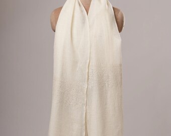 White Sozni Embroidered Boiled Wool Shawl