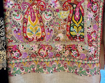 Organic Jamavar Cashmere Shawl, Colorful Floral Needlework Hand Embroidery | Ethically Crafted | Sustainable Luxury, 40x80" - ASPIRO