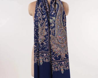 Navy Blue Jali Hand Embroidered Pure Handwoven Pashmina Shawl