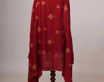 Maroon Buti Hand Embroidered Fine Wool Indian Shawl