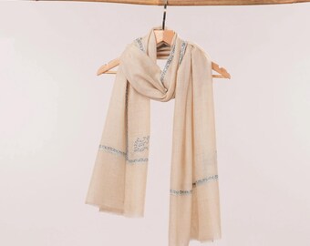 Natural Off White Hand Embroidered Authentic Pashmina Scarf