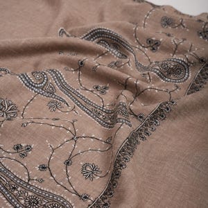 Black and Taupe Embroidered Featherlight Cashmere Wrap – Soft Luxury Wool Scarf | Lightweight Handwoven Stole | Elegant Winter Accessory