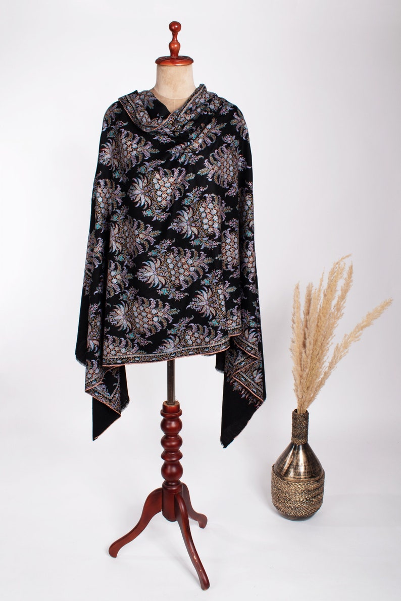 Exclusive Black Festival Pashmina, Original Shawls, Indian Embroideries, Made in Kashmir Gifts, 40x80 MACCLESFIELD image 3