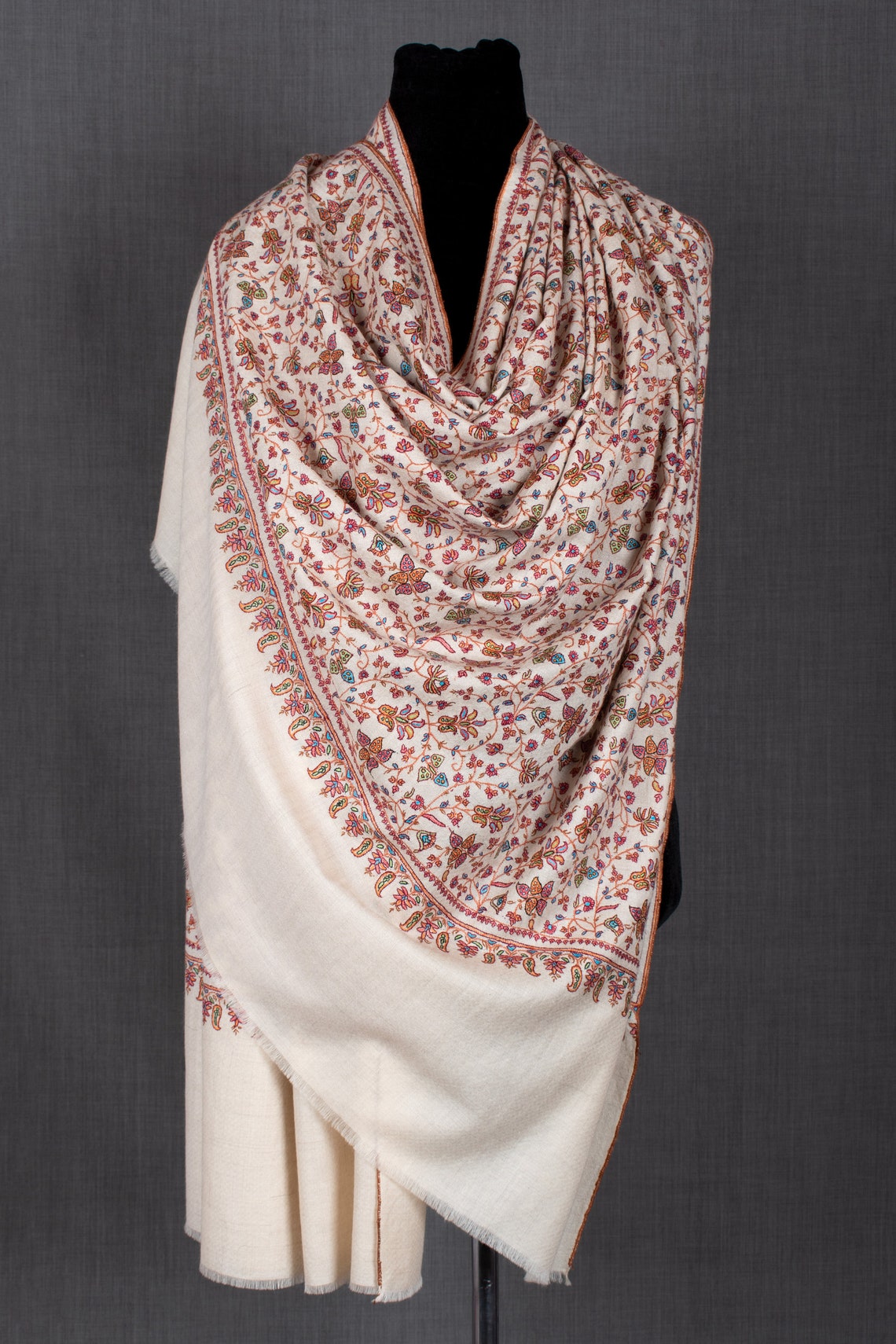 Tabish Sozni Pashmina Shawl Kashmiri Wrap Natural Ivory image 0