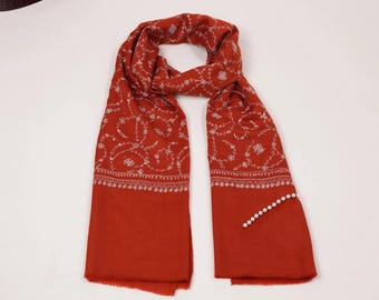 Rust Fine Silk Wool Scarf with Kashmiri Jali Hand Embroidery