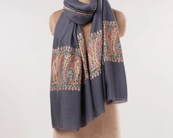 Grey Soft Pashmina Scarf with Palldar Papermachie Hand Embroidery