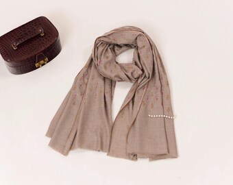 Paisley Floral Buteh Sozni Work Shawl in Natural Taupe Pure Pashmina from Kashmir
