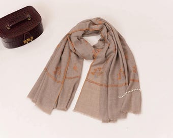 Natural Taupe Baby Soft Pashmina Shawl with Sozni Buteh Embroidery