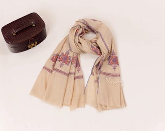 Kashmiri Beige Handwoven Pashmina Shawl with Buteh Hand Sozni Embroidery
