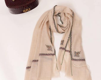 Natural Off-White Handloomed Baby Soft Embroidered Pashmina Scarf