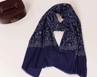 Navy Blue Featherlight Pashmina Scarf with Hand Embroidery