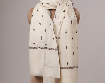 White Fine Wool Hand Embroidered Machie Booti Shawl