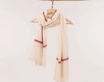 Natural Off White Bail Hand Embroidered Pashmina Scarf