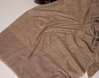 Oversized Jali Embroidered Natural Grey Handwoven Pashmina Shawl
